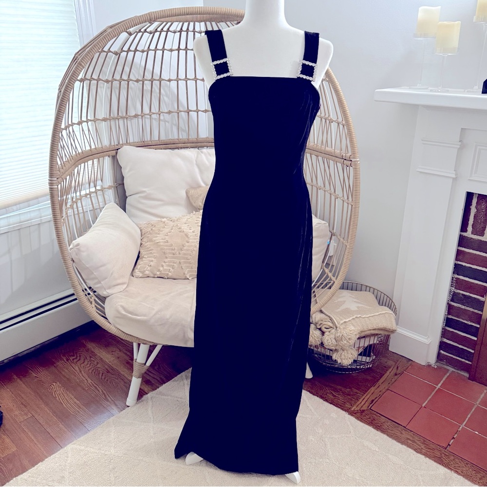 Vintage Loralie Original‎ Black Velvet Evening Gown w/ Rhinestone Straps Sz 12